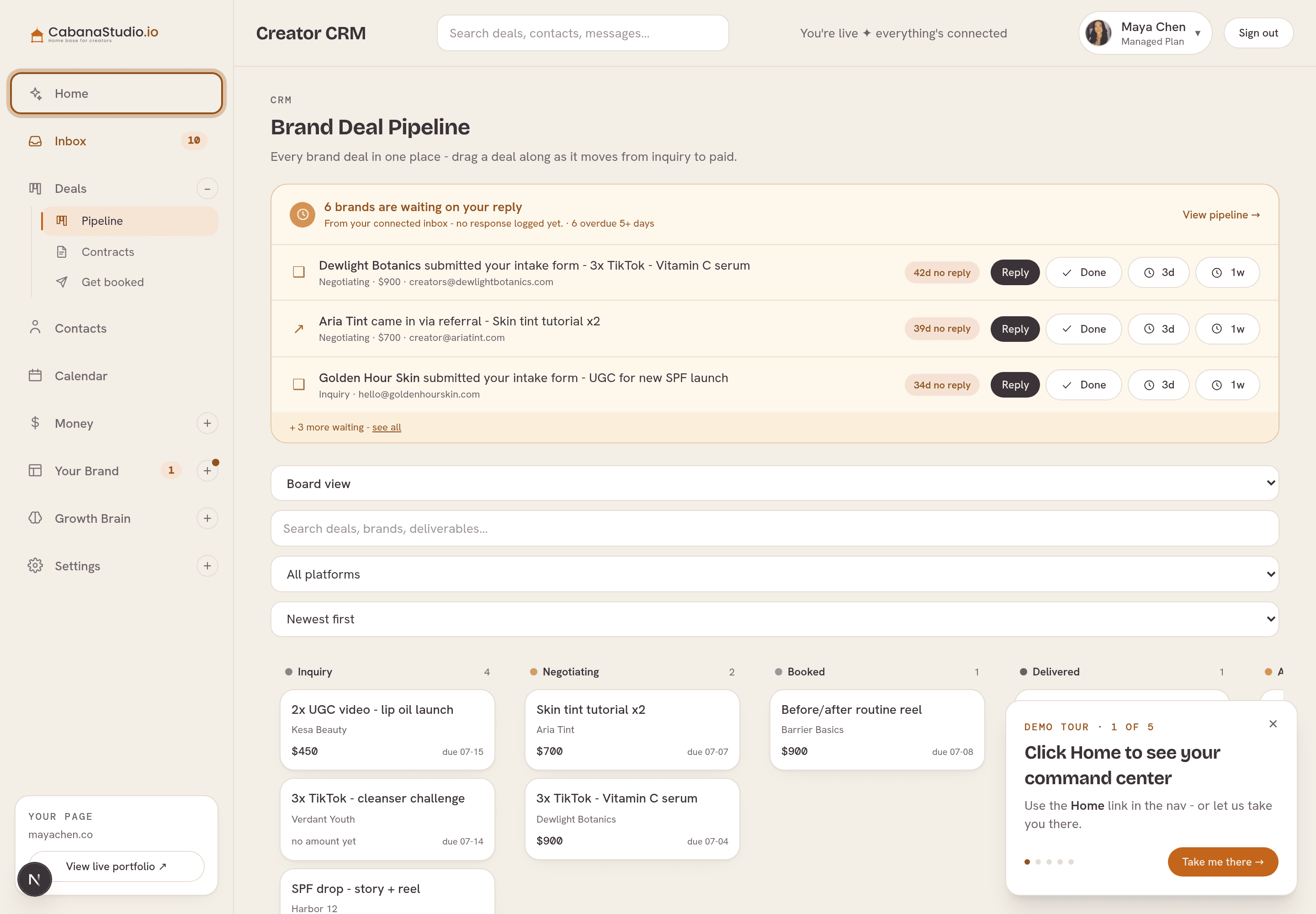 Your deal pipeline: every inquiry from DMs, email and your intake form as one tracked deal